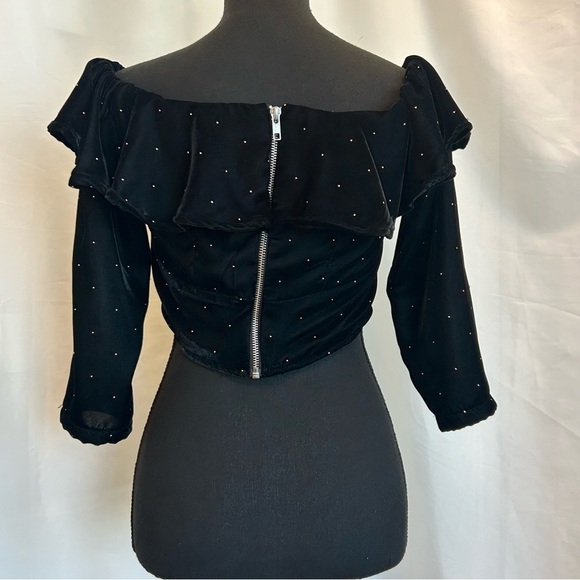 TOPSHOP black velvet ruffle frill polkadot crop top Sz 4 - Picture 4 of 11